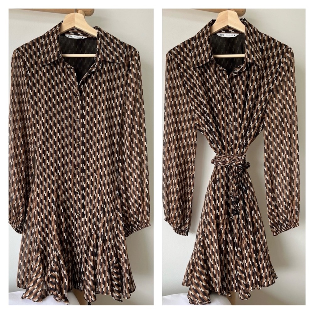 NWOT Zara Dress with Belt, Brown, Large